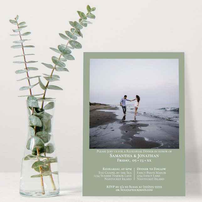Minimal Sage Green Photo Wedding Rehearsal Dinner Invitation (Creator Uploaded)