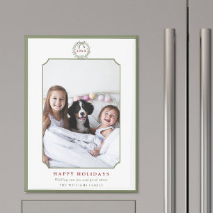 Minimal Sage Green & Red Happy Holidays Photo Magnet