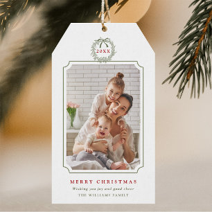 Minimal Sage Green & Red Merry Christmas Photo  Gift Tags