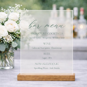 Minimal Sage Green Wedding Bar Menu Acrylic Sign