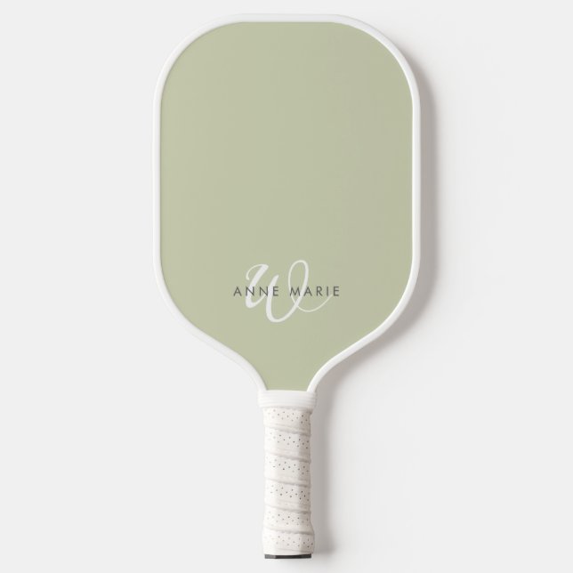 Minimal Sage Green White Script Monogram Pickleball Paddle (Front)