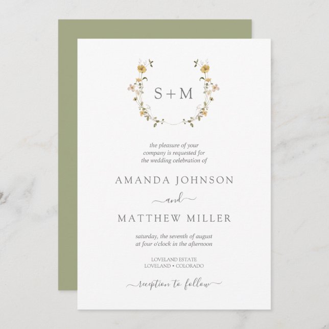 Minimal Sage Watercolor Floral Wreath Wedding Invi Invitation (Front/Back)
