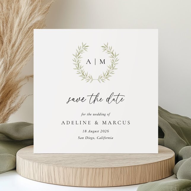 Minimal Sage Wreath Save the Date Card (Creator Uploaded)