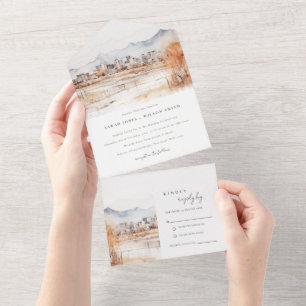 Minimal Salt Lake City Utah Watercolor Wedding All In One Invitation