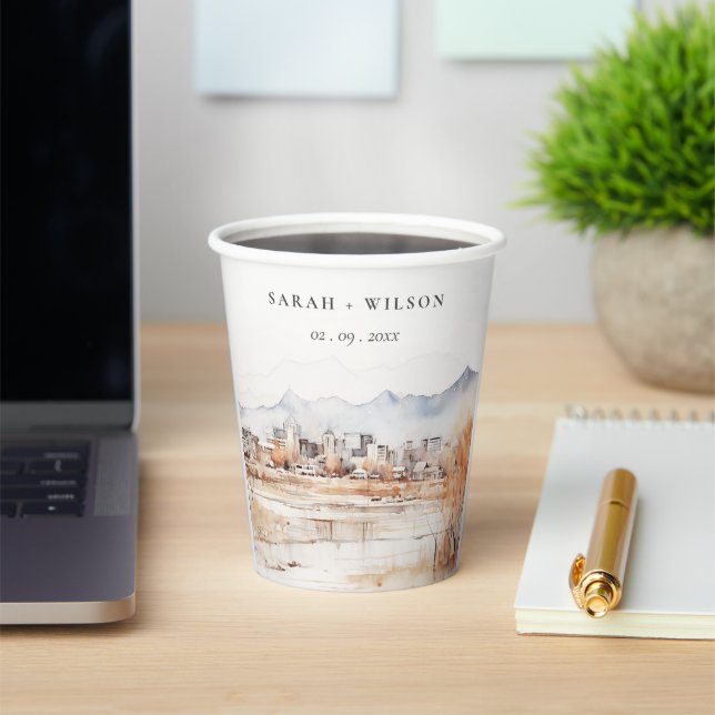 Minimal Salt Lake City Utah Watercolor Wedding Paper Cups (Insitu)