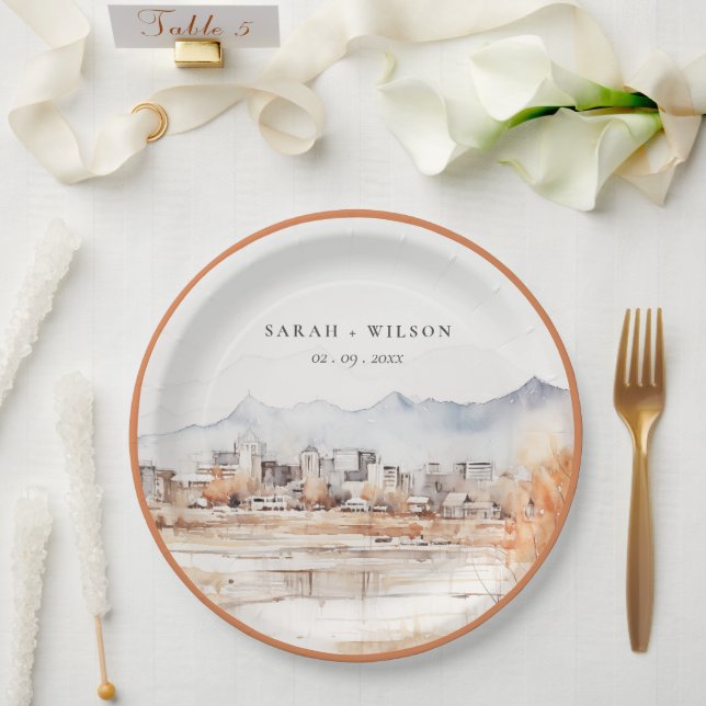 Minimal Salt Lake City Utah Watercolor Wedding Paper Plate (Wedding)