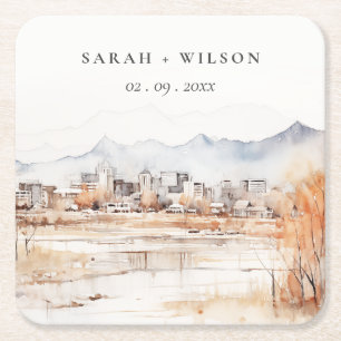 Minimal Salt Lake City Utah Watercolor Wedding Square Paper Coaster