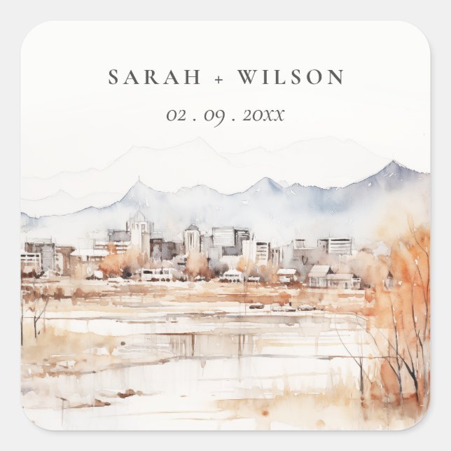 Minimal Salt Lake City Utah Watercolor Wedding Square Sticker (Front)