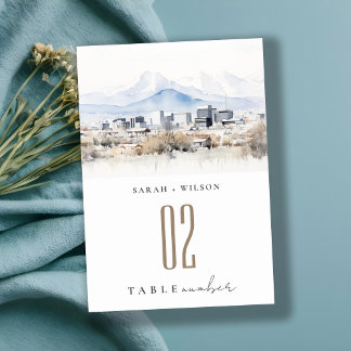 Minimal Salt Lake City Utah Watercolor Wedding Table Number