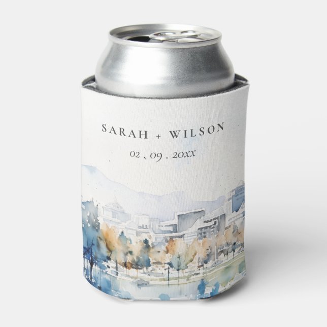 Minimal San Jose, California Watercolor Wedding Can Cooler (Can Front)