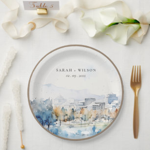 Minimal San Jose, California Watercolor Wedding Paper Plate