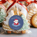 Minimal Santa Cute Poinsettia Blue Merry Christmas Classic Round Sticker<br><div class="desc">This minimal "Merry Christmas" holiday gift tag features a hand drawn whimsical Santa and pale blue poinsettias on a traditional dark blue background that adds a touch of nostalgic whimsy. Original art by Malissa Melrose.</div>