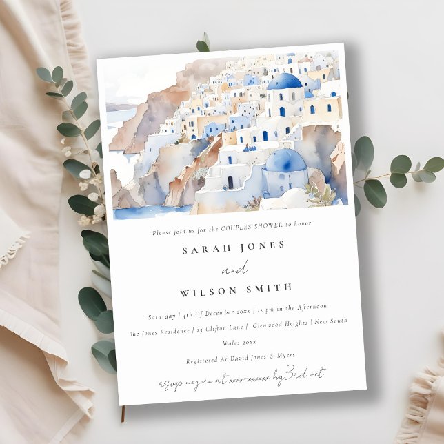 Minimal Santorini Greece Watercolor Couples Shower Invitation (Creator Uploaded)