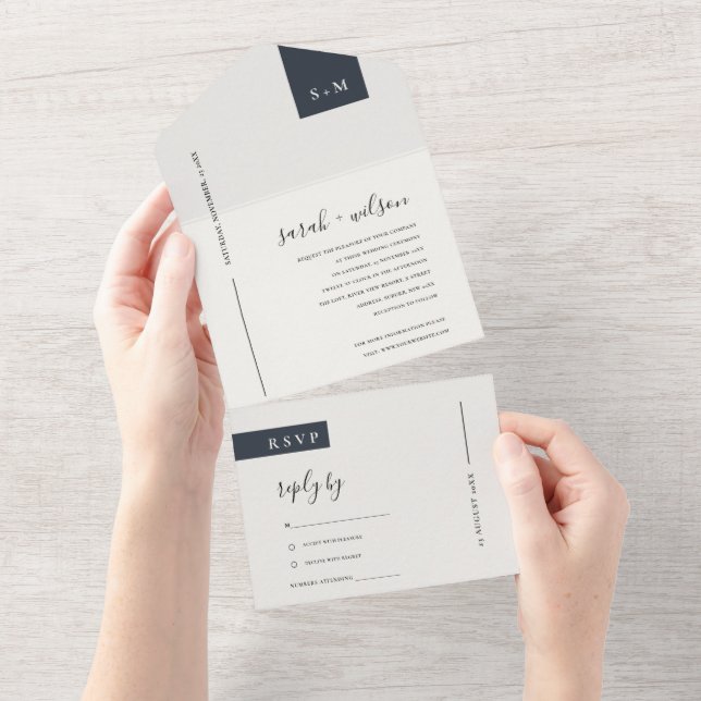 MINIMAL SCANDI BLACK & WHITE MONOGRAM WEDDING ALL  ALL IN ONE INVITATION (Tearaway)