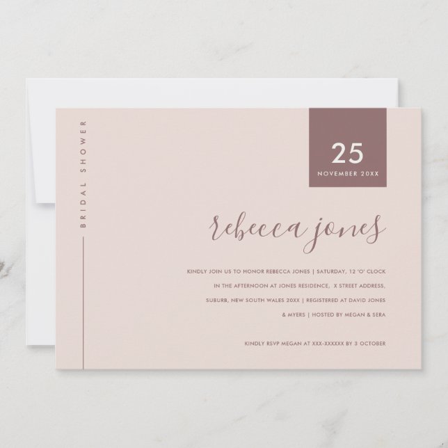 MINIMAL SCANDI BLUSH PINK TYPOGRAPHY BRIDAL SHOWER INVITATION (Front)