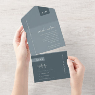 MINIMAL SCANDI DUSKY GREY BLUE MONOGRAM WEDDING ALL IN ONE INVITATION