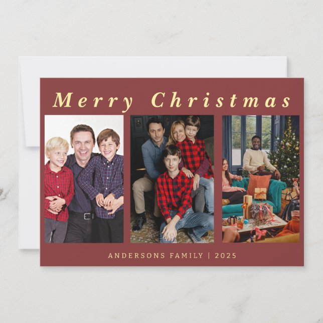 Minimal Script 3 Photo Merry Christmas Red Foil Holiday Card (Front)