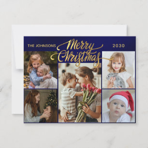 Minimal Script 6 Photo golden Merry Christmas Holiday Card