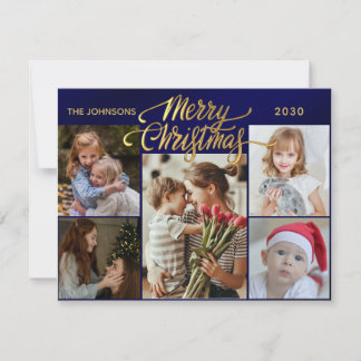 Minimal Script 6 Photo golden Merry Christmas  Holiday Card