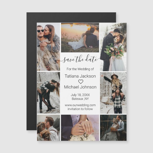 minimal script 8 photos save the date magnet (Front/Back)