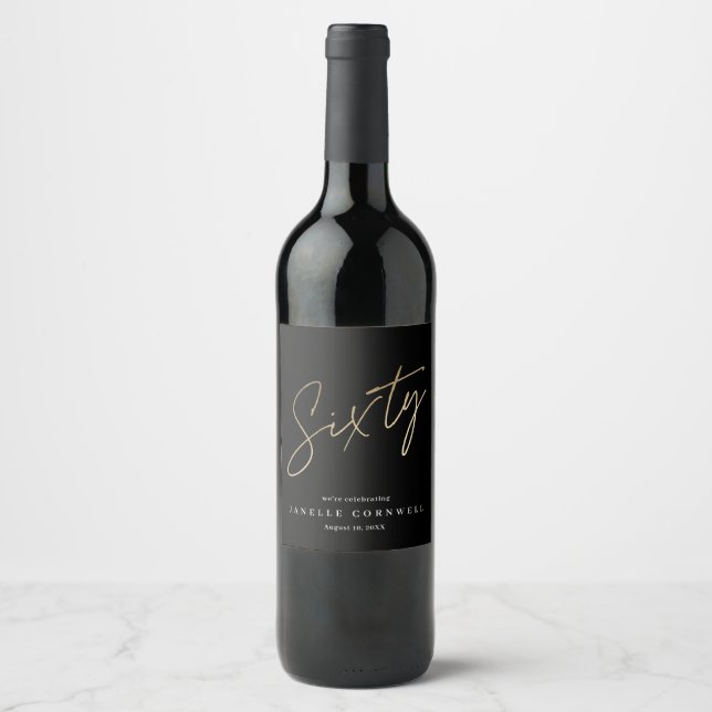 Minimal Script Black Gold 0th Birthday Party Wine Label (Front)