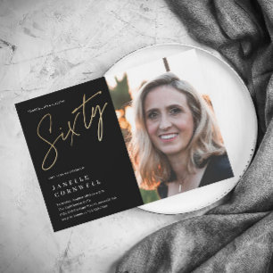 Minimal Script Black Gold Photo 60th Birthday Magnetic Invitation