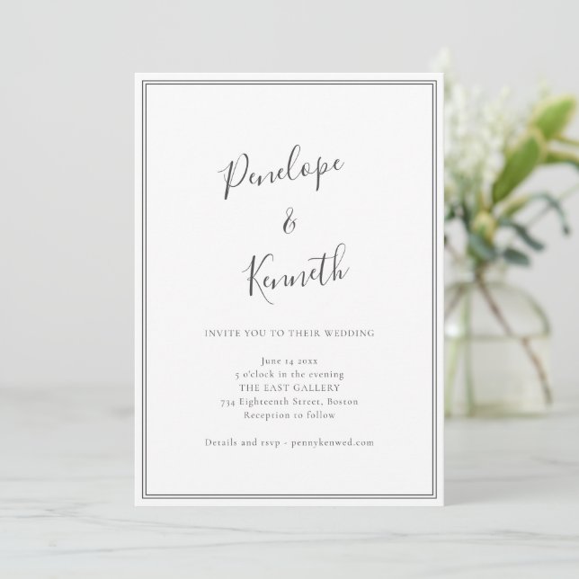 Minimal Script Black White Modern Border Wedding Invitation (Standing Front)