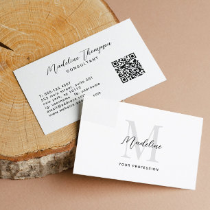 Minimal Script Black White Monogram QR Code Business Card