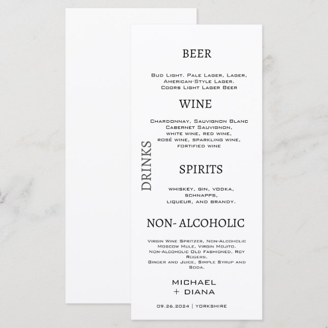 Minimal Script Bold Wedding Drinks Bar Custom  Menu (Front/Back)