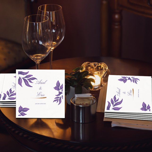 Minimal Script Botanical Purple and Gold Wedding Napkin (Creator Uploaded)