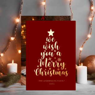 Minimal Script Burgundy Red Merry Christmas  Foil Holiday Card