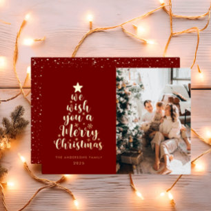 Minimal Script Burgundy Red Merry Christmas  Foil Holiday Card