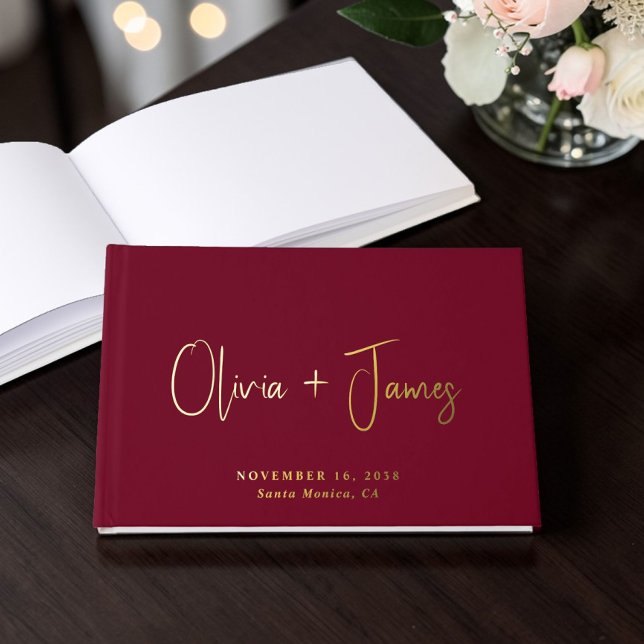 Minimal Script Burgundy Wedding Guest Book (Minimal Script Burgundy Wedding Foil Guest Book)