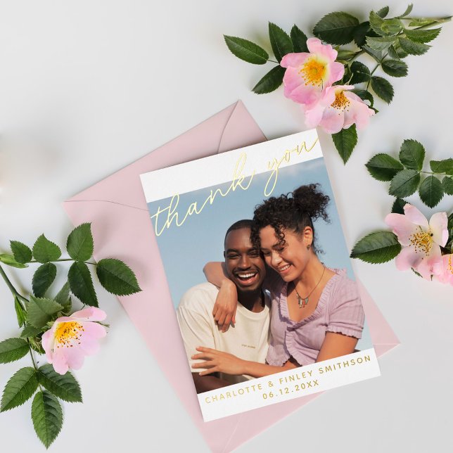 Minimal Script Chic Personalised Wedding Thank You Foil Holiday Postcard (Creator Uploaded)