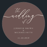 Minimal Script Chocolate Brown Wedding Classic Round Sticker<br><div class="desc">Minimal Script Chocolate Brown Wedding</div>