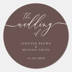 Minimal Script Chocolate Brown Wedding Classic Round Sticker