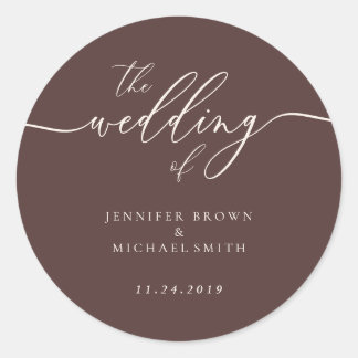 Minimal Script Chocolate Brown Wedding Classic Round Sticker