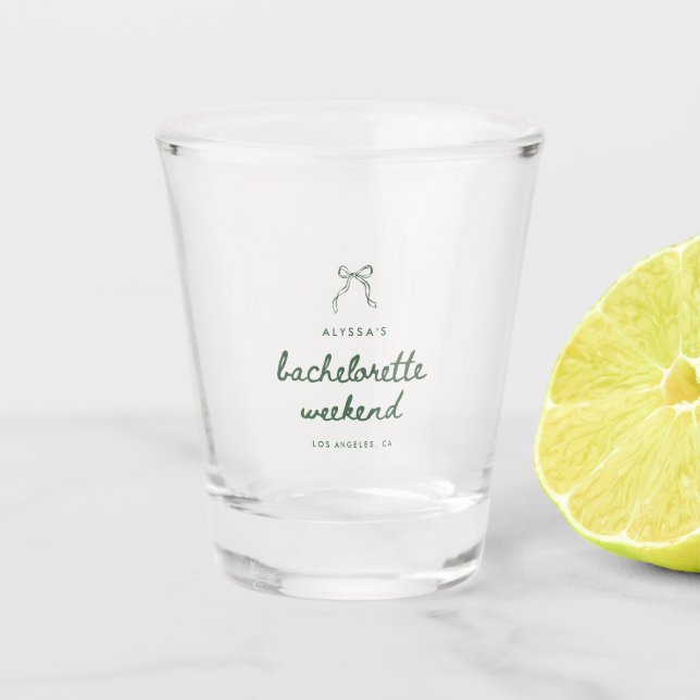 Minimal Script Coquette Bow Bachelorette Favours Shot Glass (Front)