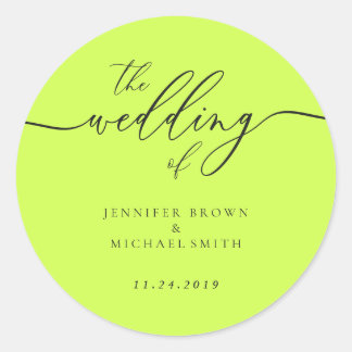 Minimal Script Cyber Lime Jet Black Wedding Classic Round Sticker