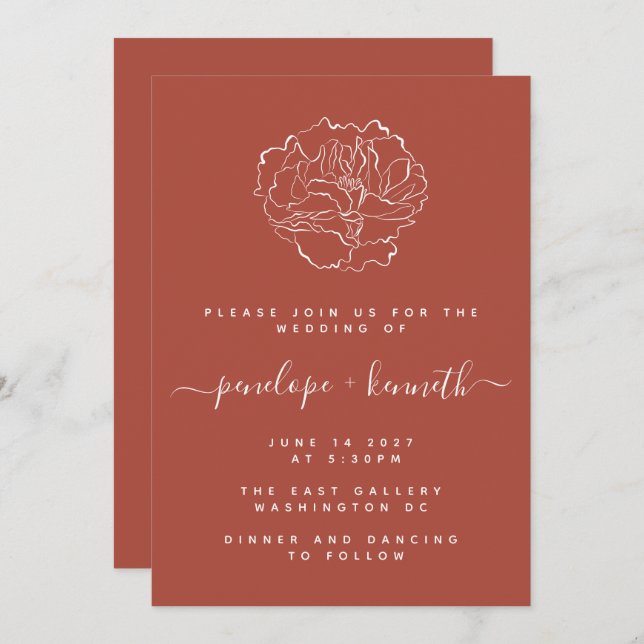 Minimal Script Floral Art Wedding | Terracotta  Invitation (Front/Back)