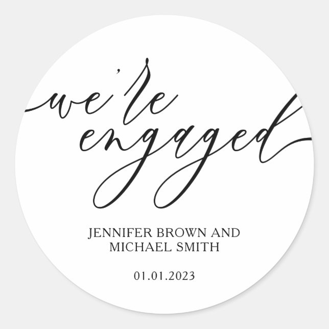 Minimal Script Girly We are engaged Classic Round Sticker (Front)