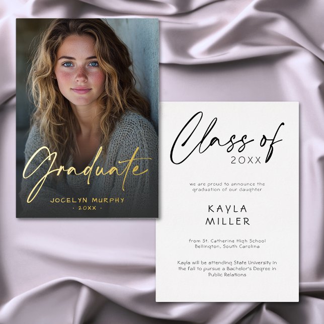 Minimal Script Graduation Photo Announcement (Minimal Script Foil Graduation Photo Announcement)