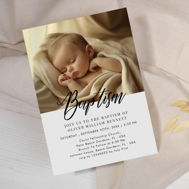 Minimal Script Grey Gender Neutral Baptism Photo Invitation (Creator Uploaded)