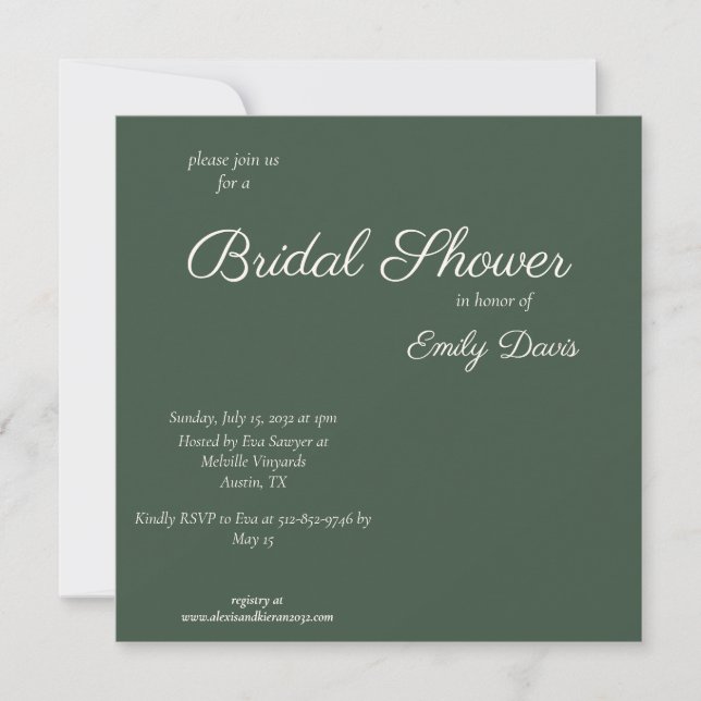 Minimal Script Highland Moss Green Bridal Shower Invitation (Front)
