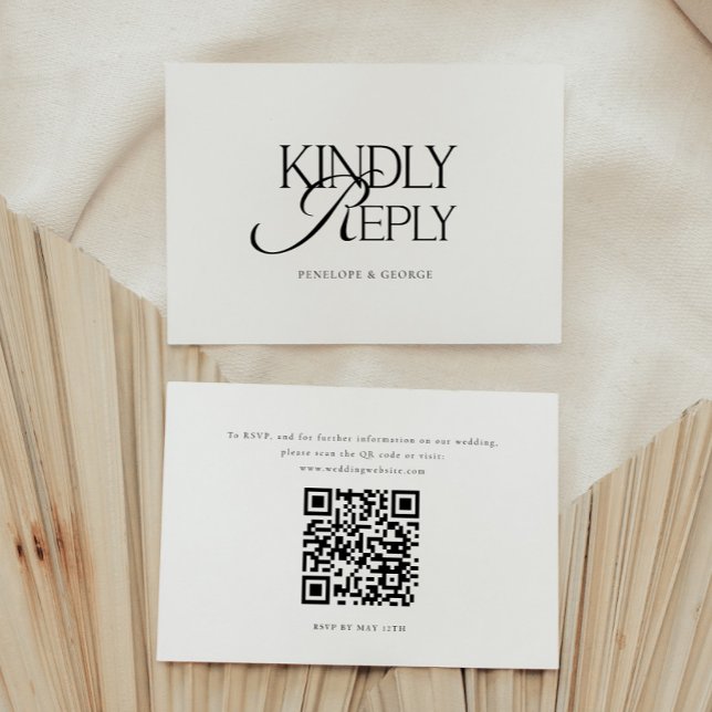 Minimal Script "Kindly Reply" Wedding QR Code RSVP Card (Creator Uploaded)