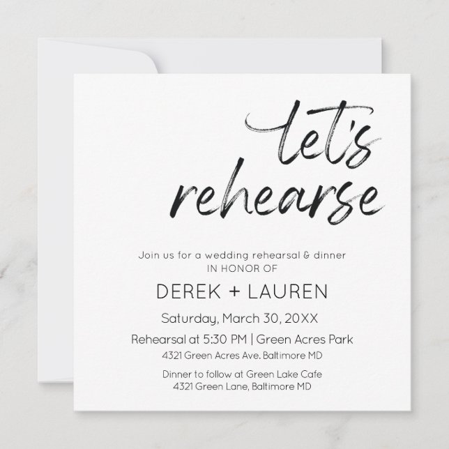 Minimal Script Let's Rehearse Wedding Rehearsal In Invitation (Front)