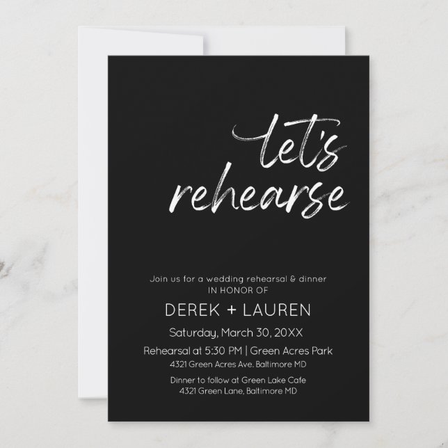 Minimal Script Let's Rehearse Wedding Rehearsal In Invitation (Front)