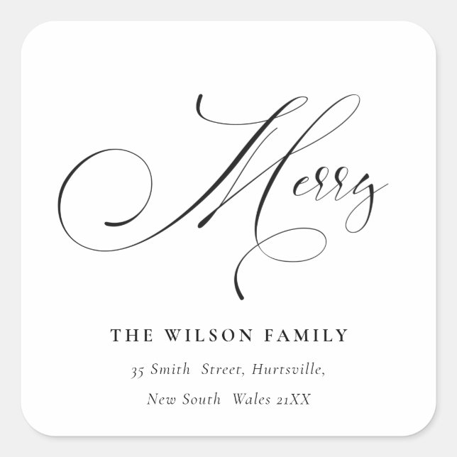 Minimal Script Merry Christmas Greeting Address Square Sticker (Front)