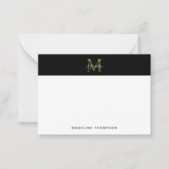 Minimal Script Metallic Black Gold Monogram Card (Front)