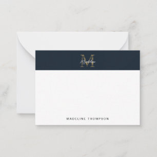 Minimal Script Metallic Navy Blue Gold Monogram Card